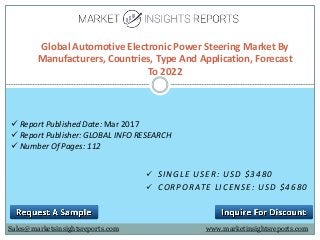  SINGLE USER: USD $3480
 CORPORATE LICENSE: USD $4680
Global Automotive Electronic Power Steering Market By
Manufacturers, Countries, Type And Application, Forecast
To 2022
Sales@marketsinsightsreports.com
 Report Published Date: Mar 2017
 Report Publisher: GLOBAL INFO RESEARCH
 Number Of Pages: 112
www.marketinsightsreports.com
 
