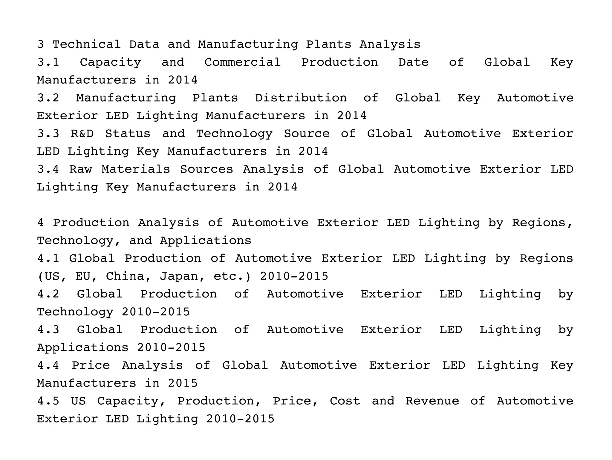 3 Technical Data and Manufacturing Plants Analysis
3.1   Capacity   and   Commercial   Production   Date   of   Global   Key
Manufacturers in 2014
3.2   Manufacturing   Plants   Distribution   of   Global   Key   Automotive
Exterior LED Lighting Manufacturers in 2014
3.3 R&D Status and Technology Source of Global Automotive Exterior
LED Lighting Key Manufacturers in 2014
3.4 Raw Materials Sources Analysis of Global Automotive Exterior LED
Lighting Key Manufacturers in 2014
4 Production Analysis of Automotive Exterior LED Lighting by Regions,
Technology, and Applications
4.1 Global Production of Automotive Exterior LED Lighting by Regions
(US, EU, China, Japan, etc.) 2010­2015
4.2   Global   Production   of   Automotive   Exterior   LED   Lighting   by
Technology 2010­2015
4.3   Global   Production   of   Automotive   Exterior   LED   Lighting   by
Applications 2010­2015
4.4   Price   Analysis   of   Global   Automotive   Exterior   LED   Lighting   Key
Manufacturers in 2015
4.5 US Capacity, Production, Price, Cost and Revenue of Automotive
Exterior LED Lighting 2010­2015
 