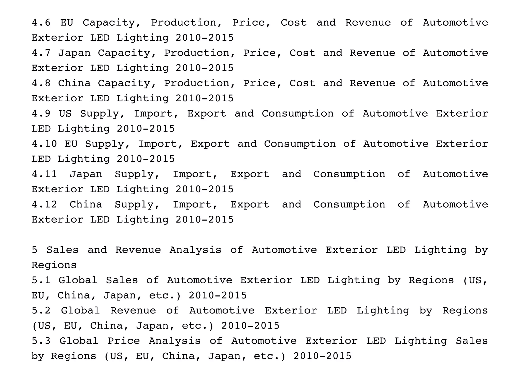 4.6 EU Capacity, Production, Price, Cost and Revenue of Automotive
Exterior LED Lighting 2010­2015
4.7 Japan Capacity, Production, Price, Cost and Revenue of Automotive
Exterior LED Lighting 2010­2015
4.8 China Capacity, Production, Price, Cost and Revenue of Automotive
Exterior LED Lighting 2010­2015
4.9 US Supply, Import, Export and Consumption of Automotive Exterior
LED Lighting 2010­2015
4.10 EU Supply, Import, Export and Consumption of Automotive Exterior
LED Lighting 2010­2015
4.11   Japan   Supply,   Import,   Export   and   Consumption   of   Automotive
Exterior LED Lighting 2010­2015
4.12   China   Supply,   Import,   Export   and   Consumption   of   Automotive
Exterior LED Lighting 2010­2015
5 Sales and Revenue Analysis of Automotive Exterior LED Lighting by
Regions
5.1 Global Sales of Automotive Exterior LED Lighting by Regions (US,
EU, China, Japan, etc.) 2010­2015
5.2   Global   Revenue   of   Automotive   Exterior   LED   Lighting   by   Regions
(US, EU, China, Japan, etc.) 2010­2015
5.3 Global Price Analysis of Automotive Exterior LED Lighting Sales
by Regions (US, EU, China, Japan, etc.) 2010­2015
 