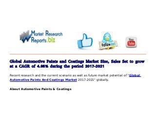 Global Automotive Paints and Coatings Market Size, Sales Set to grow
at a CAGR of 4.95% during the period 2017-2021
Recent research and the current scenario as well as future market potential of "Global
Automotive Paints And Coatings Market 2017-2021" globally.
About Automotive Paints & Coatings
 