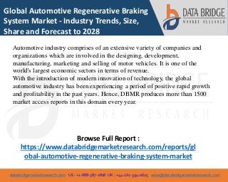 databridgemarketresearch.com US : +1-888-387-2818 UK : +44-161-394-0625 sales@databridgemarketresearch.com
1
Global Automotive Regenerative Braking
System Market - Industry Trends, Size,
Share and Forecast to 2028
Automotive industry comprises of an extensive variety of companies and
organizations which are involved in the designing, development,
manufacturing, marketing and selling of motor vehicles. It is one of the
world's largest economic sectors in terms of revenue.
With the introduction of modern innovation of technology, the global
automotive industry has been experiencing a period of positive rapid growth
and profitability in the past years. Hence, DBMR produces more than 1500
market access reports in this domain every year.
Browse Full Report :
https://www.databridgemarketresearch.com/reports/gl
obal-automotive-regenerative-braking-system-market
 