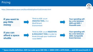Pricing
https://dataexplorer.azure.com/AzureDataExplorerCostEstimator.html
Think to ADX as an
ANALYSIS TOOL, in a
MultiTenant
Environment
if you want to
pay little
money
if you can
afford a space
shuttle
Think to ADX as an INGESTION
& RESILIENCY TOOL in order to
break through your traditional
«Live DWH»
* Space shuttle definition: ADX Can scale up to 500 VMs => 8000 CORE x 64TB RAM….. and 1M euro/month :D
Your spending will
be a mix between
ADX and ADF /
PowerBI costs
Your spending will
be a mix between
ADX, Compute&
Event Services
 