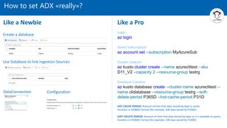 How to set ADX «really»?
Create a database
Use Database to link Ingestion Sources
DataConnection
Login
az login
Select Subscription
az account set --subscription MyAzureSub
Cluster creation
az kusto cluster create --name azureclitest --sku
D11_V2 –capacity 2 --resource-group testrg
Database Creation
az kusto database create --cluster-name azureclitest --
name clidatabase --resource-group testrg --soft-
delete-period P365D --hot-cache-period P31D
HOT-CACHE-PERIOD: Amount of time that data should be kept in cache.
Duration in ISO8601 format (for example, 100 days would be P100D).
SOFT-DELETE-PERIOD: Amount of time that data should be kept so it is available to query.
Duration in ISO8601 format (for example, 100 days would be P100D)
Like a Newbie Like a Pro
Configuration
 
