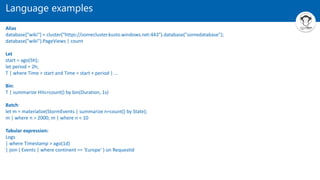 Language examples
Alias
database["wiki"] = cluster("https://somecluster.kusto.windows.net:443").database("somedatabase");
database("wiki").PageViews | count
Let
start = ago(5h);
let period = 2h;
T | where Time > start and Time < start + period | ...
Bin:
T | summarize Hits=count() by bin(Duration, 1s)
Batch:
let m = materialize(StormEvents | summarize n=count() by State);
m | where n > 2000; m | where n < 10
Tabular expression:
Logs
| where Timestamp > ago(1d)
| join ( Events | where continent == 'Europe' ) on RequestId
 