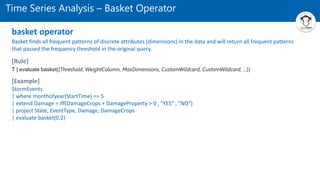 Time Series Analysis – Basket Operator
StormEvents
| where monthofyear(StartTime) == 5
| extend Damage = iff(DamageCrops + DamageProperty > 0 , "YES" , "NO")
| project State, EventType, Damage, DamageCrops
| evaluate basket(0.2)
basket operator
Basket finds all frequent patterns of discrete attributes (dimensions) in the data and will return all frequent patterns
that passed the frequency threshold in the original query.
[Rule]
[Example]
T | evaluate basket([Threshold, WeightColumn, MaxDimensions, CustomWildcard, CustomWildcard, ...])
 
