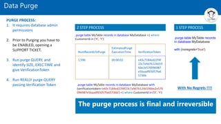 Data Purge
The purge process is final and irreversible
PURGE PROCESS:
1. It requires database admin
permissions
2. Prior to Purging you have to
be ENABLED, opening a
SUPPORT TICKET.
3. Run purge QUERY, and
identify SIZE, EXEC.TIME and
give VerificationToken
4. Run REALLY purge QUERY
passing Verification Token
.purge table MyTable records in database MyDatabase <| where
CustomerId in ('X', 'Y')
NumRecordsToPurge
EstimatedPurge
ExecutionTime VerificationToken
1,596 00:00:02 e43c7184ed22f4f
23c7a9d7b124d19
6be2e570096987
e5baadf65057fa6
5736b
.purge table MyTable records in database MyDatabase with
(verificationtoken='e43c7184ed22f4f23c7a9d7b124d196be2e570
096987e5baadf65057fa65736b') <| where CustomerId in ('X', 'Y')
.purge table MyTable records
in database MyDatabase
with (noregrets='true')
2 STEP PROCESS 1 STEP PROCESS
With No Regrets !!!!
 