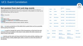 UC1: Event Correlation
Name City
SessionI
d Timestamp
Start London 2817330 2015-12-09T10:12:02.32
Game London 2817330 2015-12-09T10:12:52.45
Start Manchester 4267667 2015-12-09T10:14:02.23
Stop London 2817330 2015-12-09T10:23:43.18
Cancel Manchester 4267667 2015-12-09T10:27:26.29
Stop Manchester 4267667 2015-12-09T10:28:31.72
City SessionId StartTime StopTime Duration
London 2817330 2015-12-
09T10:12:02.32
2015-12-
09T10:23:43.18
00:11:40.46
Manch
ester
4267667 2015-12-
09T10:14:02.23
2015-12-
09T10:28:31.72
00:14:29.49
Get sessions from start and stop events
Let's suppose we have a log of events, in which some events mark the start or end of an
extended activity or session. Every event has an SessionId, so the problem is to match up the
start and stop events with the same id.
Kusto
let Events = MyLogTable
| where ... ;
Events
| where Name == "Start"
| project Name, City, SessionId, StartTime=timestamp
| join (Events | where Name="Stop" | project StopTime=timestamp, SessionId)
on SessionId
| project City, SessionId, StartTime, StopTime, Duration = StopTime - StartTime
Use let to name a projection of the table that is pared down as far as possible
before going into the join.
Project is used to change the names of the timestamps so that both the start
and stop times can appear in the result. It also selects the other columns we
want to see in the result.
join matches up the start and stop entries for the same activity, creating a row
for each activity. Finally, project again adds a column to show the duration of
the activity.
 