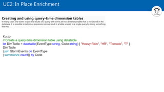 UC2: In Place Enrichment
Creating and using query-time dimension tables
In many cases one wants to join the results of a query with some ad-hoc dimension table that is not stored in the
database. It is possible to define an expression whose result is a table scoped to a single query by doing something
like this:
Kusto
// Create a query-time dimension table using datatable
let DimTable = datatable(EventType:string, Code:string) [ "Heavy Rain", "HR", "Tornado", "T" ] ;
DimTable
| join StormEvents on EventType
| summarize count() by Code
 