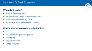 Use cases & Best Scenario
When is it useful?
• Analyze Telemetry data
• Retrieve trends/Series from clustered data
• Make regression over Big Data
• Summarize and export ordered streams
Which kind of scenario is suitable for?
• IoT
• Troubleshooting and diagnostics
• Monitoring
• Security research
• Usage analytics
 