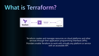 Terraform creates and manages resources on cloud platforms and other
services through their application programming Interfaces (APIs).
Providers enable Terraform to work with virtually any platform or service
with an accessible API.
 