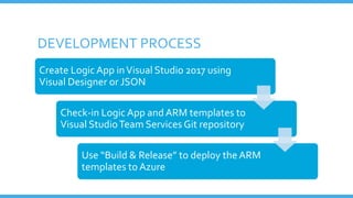 DEVELOPMENT PROCESS
Create Logic App inVisual Studio 2017 using
Visual Designer or JSON
Check-in Logic App and ARM templates to
Visual StudioTeam Services Git repository
Use “Build & Release” to deploy theARM
templates to Azure
 