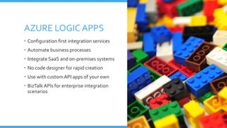 AZURE LOGIC APPS
 Configuration first integration services
 Automate business processes
 Integrate SaaS and on-premises systems
 No code designer for rapid creation
 Use with custom API apps of your own
 BizTalk APIs for enterprise integration
scenarios
 