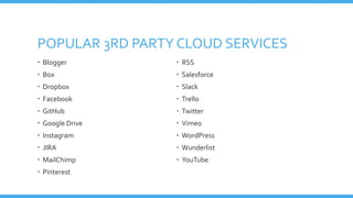 POPULAR 3RD PARTY CLOUD SERVICES
 Blogger
 Box
 Dropbox
 Facebook
 GitHub
 Google Drive
 Instagram
 JIRA
 MailChimp
 Pinterest
 RSS
 Salesforce
 Slack
 Trello
 Twitter
 Vimeo
 WordPress
 Wunderlist
 YouTube
 