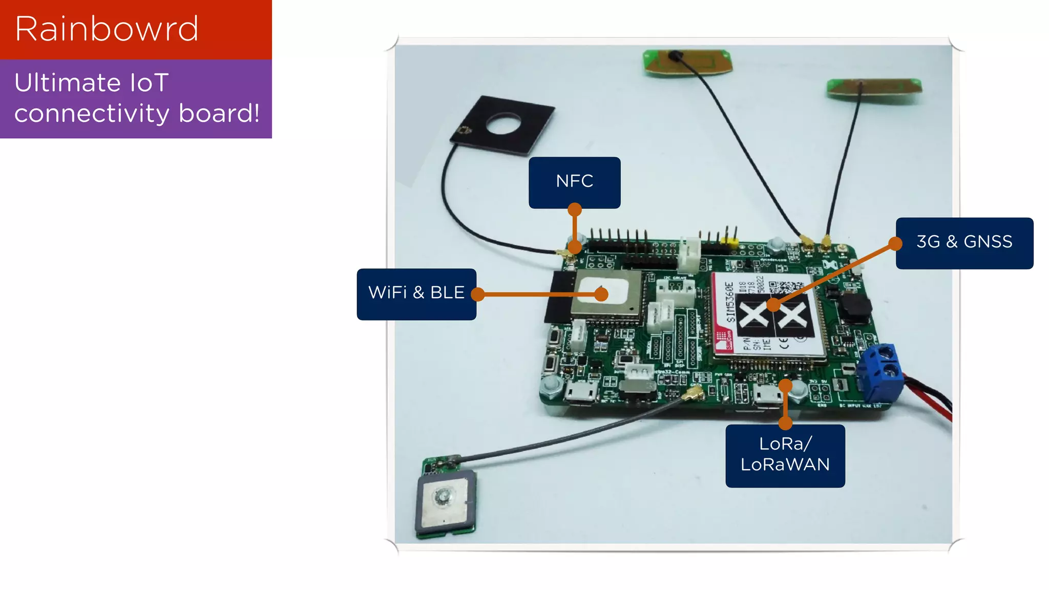 Rainbowrd
3G & GNSS
WiFi & BLE
NFC
LoRa/
LoRaWAN
Ultimate IoT
connectivity board!
 