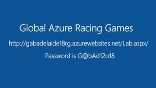Global Azure Racing Games
http://gabadelaide18rg.azurewebsites.net/Lab.aspx/
Password is G@bAd12o18
 