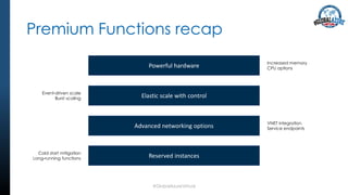 Premium Functions recap
#GlobalAzureVirtual
Powerful hardware
Elastic scale with control
Advanced networking options
Reserved instances
Increased memory
CPU options
Event-driven scale
Burst scaling
Cold start mitigation
Long-running functions
VNET integration
Service endpoints
 
