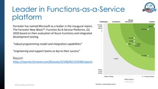 Leader in Functions-as-a-Service
platform
#GlobalAzureVirtual
Forrester has named Microsoft as a leader in the inaugural report,
The Forrester New Wave™: Function-As-A-Service Platforms, Q1
2020 based on their evaluation of Azure Functions and integrated
development tooling.
“robust programming model and integration capabilities”
"engineering and support teams as key to their success”
Report:
https://reprints.forrester.com/#/assets/2/108/RES155938/reports
 