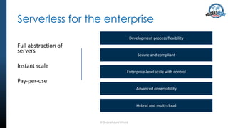 Full abstraction of
servers
Instant scale
Pay-per-use
#GlobalAzureVirtual
Serverless for the enterprise
Development process flexibility
Secure and compliant
Enterprise-level scale with control
Advanced observability
Hybrid and multi-cloud
 