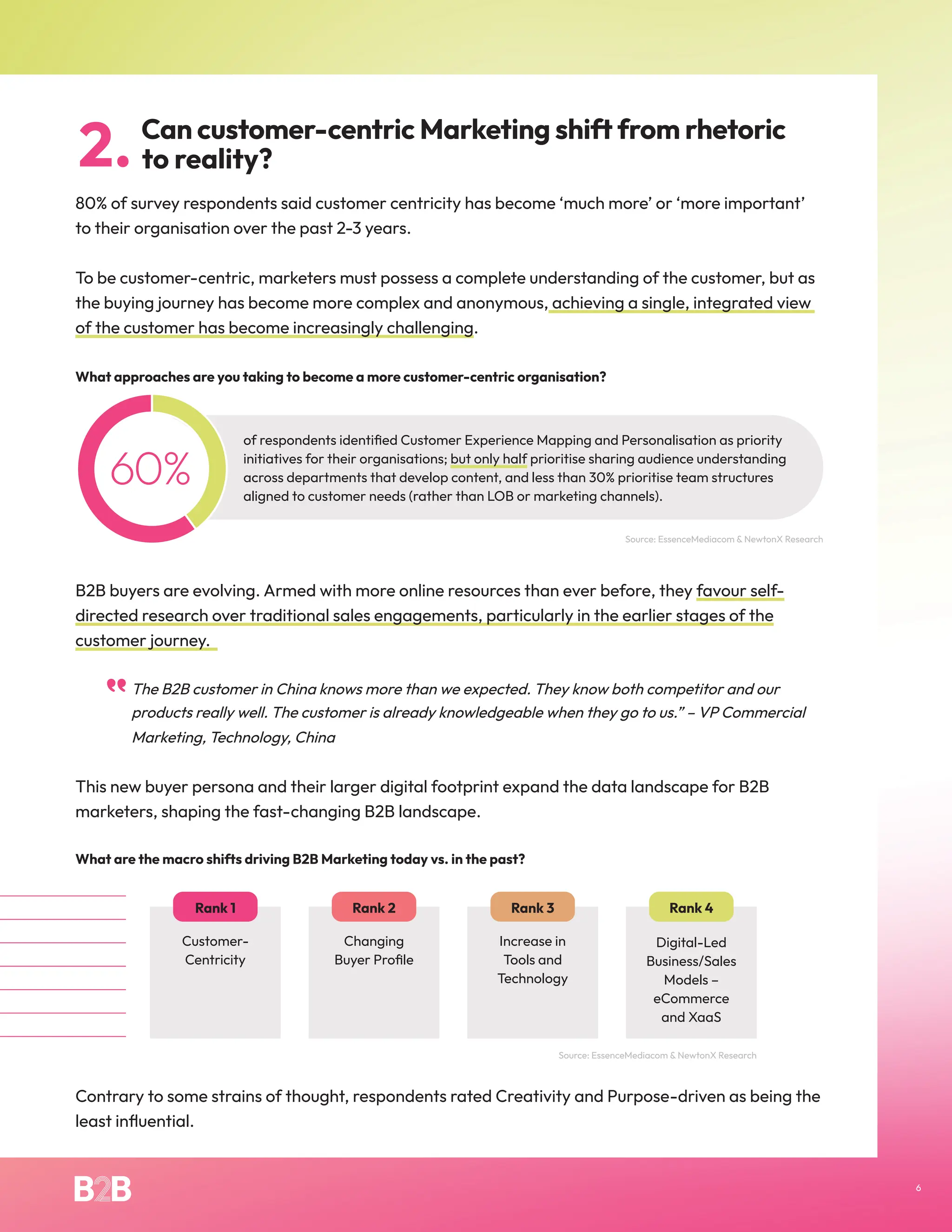 Can customer-centric Marketing shift from rhetoric
to reality?
80% of survey respondents said customer centricity has become ‘much more’ or ‘more important’
to their organisation over the past 2-3 years.
To be customer-centric, marketers must possess a complete understanding of the customer, but as
the buying journey has become more complex and anonymous, achieving a single, integrated view
of the customer has become increasingly challenging.
What approaches are you taking to become a more customer-centric organisation?
B2B buyers are evolving. Armed with more online resources than ever before, they favour self-
directed research over traditional sales engagements, particularly in the earlier stages of the
customer journey.
The B2B customer in China knows more than we expected. They know both competitor and our
products really well. The customer is already knowledgeable when they go to us.” – VP Commercial
Marketing, Technology, China
This new buyer persona and their larger digital footprint expand the data landscape for B2B
marketers, shaping the fast-changing B2B landscape.
What are the macro shifts driving B2B Marketing today vs. in the past?
Contrary to some strains of thought, respondents rated Creativity and Purpose-driven as being the
least influential.
2.
Rank 1 Rank 2 Rank 3 Rank 4
Digital-Led
Business/Sales
Models –
eCommerce
and XaaS
Increase in
Tools and
Technology
Changing
Buyer Profile
Customer-
Centricity
6
60%
of respondents identified Customer Experience Mapping and Personalisation as priority
initiatives for their organisations; but only half prioritise sharing audience understanding
across departments that develop content, and less than 30% prioritise team structures
aligned to customer needs (rather than LOB or marketing channels).
Source: EssenceMediacom & NewtonX Research
Source: EssenceMediacom & NewtonX Research
 