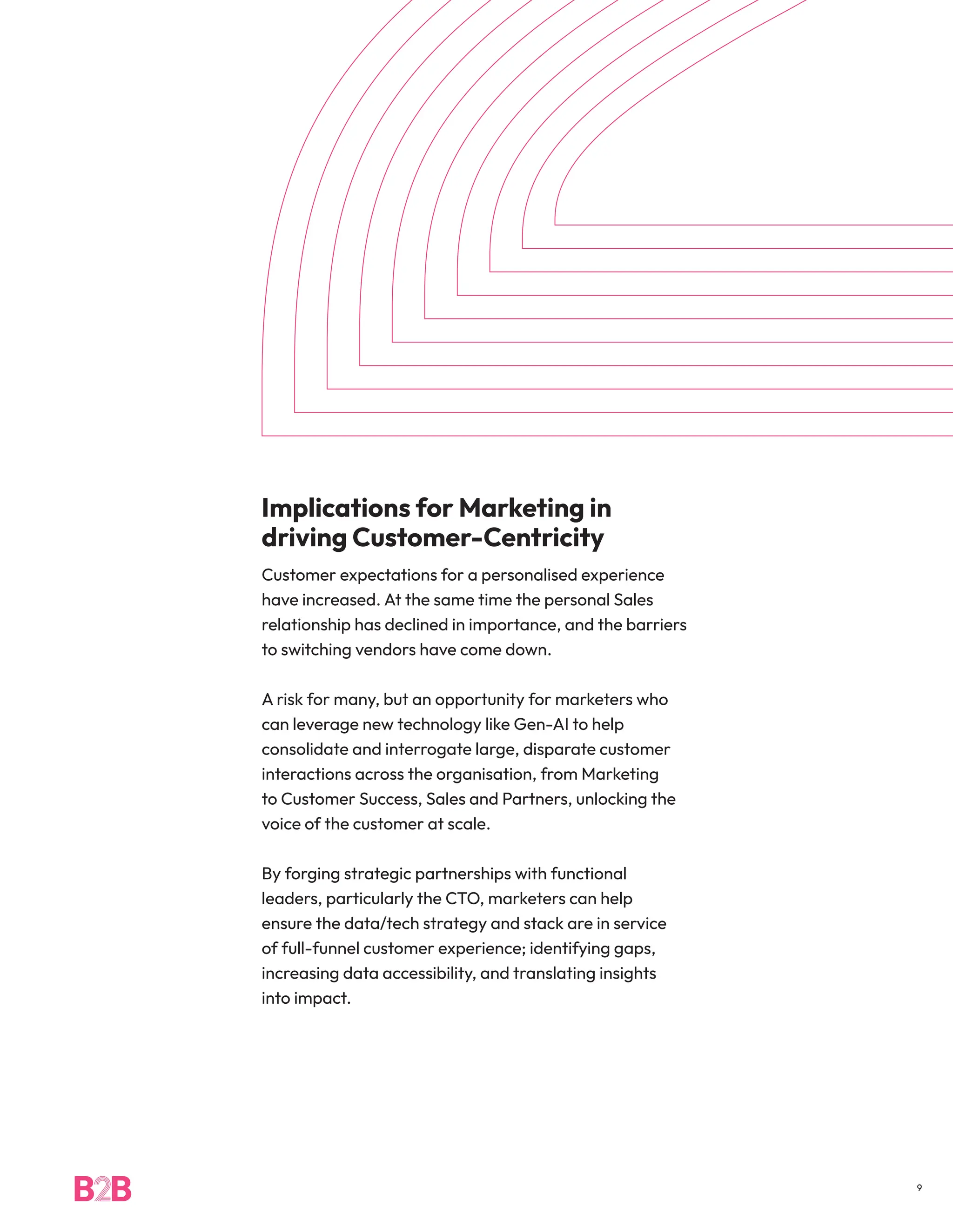 Implications for Marketing in
driving Customer-Centricity
Customer expectations for a personalised experience
have increased. At the same time the personal Sales
relationship has declined in importance, and the barriers
to switching vendors have come down.
A risk for many, but an opportunity for marketers who
can leverage new technology like Gen-AI to help
consolidate and interrogate large, disparate customer
interactions across the organisation, from Marketing
to Customer Success, Sales and Partners, unlocking the
voice of the customer at scale.
By forging strategic partnerships with functional
leaders, particularly the CTO, marketers can help
ensure the data/tech strategy and stack are in service
of full-funnel customer experience; identifying gaps,
increasing data accessibility, and translating insights
into impact.
9
 