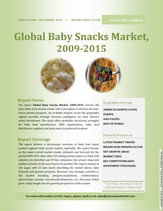  




     PUBLICAT
            TION:  SEPTE
                       EMBER, 2010
                                 0      |      REP
                                                 PORT PRICE: 
                                                             $2100                           REPORT C
                                                                                                    CODE: ARMMR
                                                                                                              R109 




    G  bal  Bab Sna s Ma et, 
    Glo       by S acks ark
                                          2009 015 
                                          2 9­20  




    Report
         t Focus 
                                                                                         Ge
                                                                                          eographic Co
                                                                                                     overage 
      The  report ‘Global  Bab Snacks  M
                t            by        Market,  2009­2015’  review the 
                                                                 ws 
    latest Babyy Food market  t trends with  a perceptive tto disclose thee near‐        AM
                                                                                          MERICAS (NOR
                                                                                                     RTH/LATIN) 
                                                                                                                
    future  grow prospect An  in‐depth  analysis  acr
               wth           ts.                           ross  the  geog
                                                                         graphic 
                                                                                         EUROPE 
    regions  prrovides  strateegic  business intelligence  for  food  in
                                           s                             ndustry 
                                                                                           IA­PACIFIC 
                                                                                         ASI
    sector  inve
               estments.  The study  offers  profitable  in
                             e                            nvestment  stra ategies 
    for  baby  food  manu     ufactures,  R&D  organiza   ations,  baby  food            REST OF WORLD 
    distributorrs, suppliers and many more in preferred   d locations. 

                                                                                         Pri
                                                                                           imarily Focuses on: 
    Report
         t Covera
                age 
                                                                                         LAT
                                                                                           TEST MARKE
                                                                                                    ET TRENDS 
     The  repor delivers  a  microscopic  overview  of baby  food  major 
                rt                                            f 
     product  seegment  baby  snacks  marke regionally.  The  report  fo
                                              et,                            ocuses      REGION­WISE D
                                                                                                     DEMAND FAC
                                                                                                              CTOR 
     on  the  ma
               ajor  current  market  trends,  estimates  an forecasts  f the 
                               m                             nd             for          KEY GROWTH A
                                                                                                    AREAS 


                                                                                                                      Copyright © 2010 | Axis Research Mind | All Rights Reserved
     period 200 09‐2015. More  e than 255 lea ading market p players in bab by food       ARKET SIZES 
                                                                                         MA           
                                            
     industry  are  identified  and  59  key  c
                                              companies  tha project  imp
                                                             at             proved       KEY COMPETIT
                                                                                                    TORS EDGE 
     market act tivities in the near future arre profiled. Thhe report cons sists of 
                                                                                           VESTMENT ST
                                                                                         INV         TRATEGIES 
                                                                                                               
     161  pages with  22  dat charts  desc
               s               ta              cribing  the  m
                                                             market  shares,  sales 
     forecasts  a growth  prospects.  Mor
                and                           reover,  key  st
                                                             trategic  activi
                                                                            ities  in 
     the  mar  rket  includi   ing  mergers    s/acquisitionss,  collabora  ations/ 
     partnershi ips,  product  launches/dev
                                l            velopments  ar discussed  which 
                                                             re 
     gives a deeep insight intoo the growth pperspectives of the market.                 “G
                                                                                          GETTING TH MOST FRO
                                                                                                   HE       OM
                                                                                          OUR RESEAR
                                                                                          O        RCH ANALYS
                                                                                                            SIS”

           For more inform
                         mation on thi
                                     is report, ple
                                                  ease reach us
                                                              s at: sales@a
                                                                          axisresearch
                                                                                     hmind.com 
 
