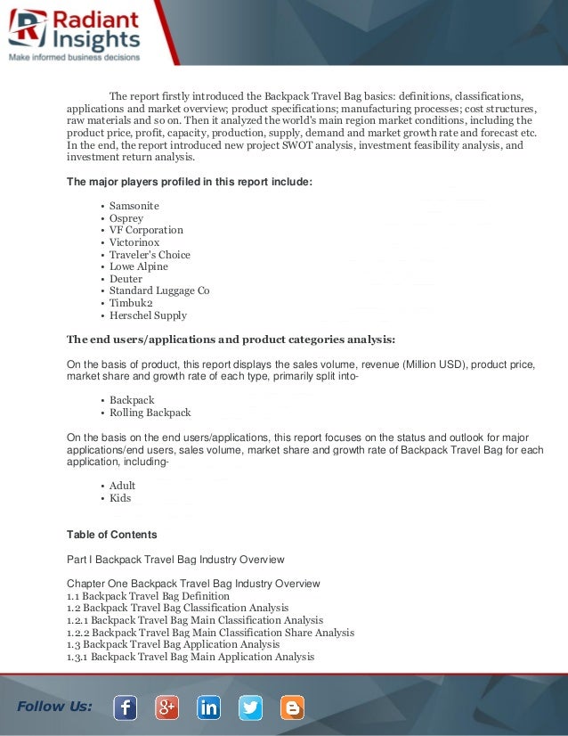 Global backpack travel bag market size, segments, growth prospects 2019