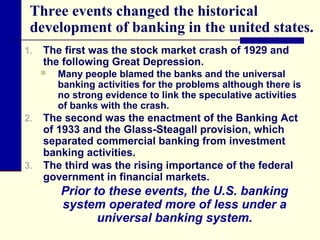 Three events changed the historical
development of banking in the united states.
1.

The first was the stock market crash of 1929 and
the following Great Depression.


2.

3.

Many people blamed the banks and the universal
banking activities for the problems although there is
no strong evidence to link the speculative activities
of banks with the crash.

The second was the enactment of the Banking Act
of 1933 and the Glass-Steagall provision, which
separated commercial banking from investment
banking activities.
The third was the rising importance of the federal
government in financial markets.

Prior to these events, the U.S. banking
system operated more of less under a
universal banking system.

 