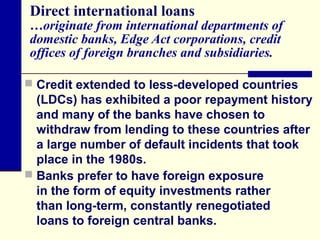 Direct international loans

…originate from international departments of
domestic banks, Edge Act corporations, credit
offices of foreign branches and subsidiaries.
 Credit extended to less-developed countries

(LDCs) has exhibited a poor repayment history
and many of the banks have chosen to
withdraw from lending to these countries after
a large number of default incidents that took
place in the 1980s.
 Banks prefer to have foreign exposure
in the form of equity investments rather
than long-term, constantly renegotiated
loans to foreign central banks.

 
