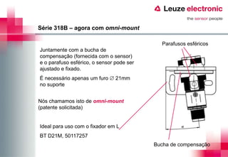 Série 318B – agora com omni-mount

                                             Parafusos esféricos
Juntamente com a bucha de
compensação (fornecida com o sensor)
e o parafuso esférico, o sensor pode ser
ajustado e fixado.
É necessário apenas um furo  21mm
no suporte


Nós chamamos isto de omni-mount
(patente solicitada)


Ideal para uso com o fixador em L
BT D21M, 50117257
                                           Bucha de compensação
 