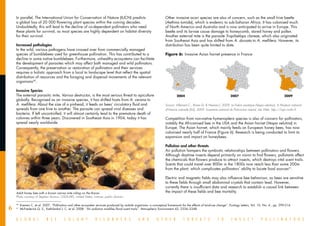 In parallel, The International Union for Conservation of Nature (IUCN) predicts                               Other invasive acari species are also of concern, such as the small hive beetle
    a global loss of 20 000 flowering plant species within the coming decades.                                    (Aethina tumida), which is endemic to sub-Saharan Africa. It has colonised much
    Undoubtedly, this will lead to the decline of co-dependent pollinators who need                               of North America and Australia and is now anticipated to arrive in Europe. This
    these plants for survival, as most species are highly dependent on habitat diversity                          beetle and its larvae cause damage to honeycomb, stored honey and pollen.
    for their survival.                                                                                           Another external mite is the parasite Tropilaelaps clareae, which also originated
                                                                                                                  from Southeast Asia and has shifted from A. dorsata to A. mellifera. However, its
    Increased pathologies                                                                                         distribution has been quite limited to date.
    In the wild, various pathogens have crossed over from commercially managed
    species of bumblebees used for greenhouse pollination. This has contributed to a                              Figure 6:	 Invasive Asian hornet presence in France
    decline in some native bumblebees. Furthermore, unhealthy ecosystems can facilitate
    the development of parasites which may affect both managed and wild pollinators.
    Consequently, the preservation or restoration of pollinators and their services
    requires a holistic approach from a local to landscape level that reflect the spatial
    distribution of resources and the foraging and dispersal movements of the relevant
    organisms30.

    Invasive Species
    The external parasitic mite, Varroa destructor, is the most serious threat to apiculture                              2004			                                   2007                                     2009
    globally. Recognised as an invasive species, it has shifted hosts from A. cerana to
    A. mellifera. About the size of a pinhead, it feeds on bees’ circulatory fluid and                            Source: Villemant C., Rome Q. & Haxaire J. 2009. Le Frelon asiatique (Vespa velutina). In Muséum national
    spreads from one hive to another. The parasite can spread viral diseases and                                  d'Histoire naturelle [Ed]. 2009. Inventaire national du Patrimoine naturel, site Web. http://inpn.mnhn.fr
    bacteria. If left uncontrolled, it will almost certainly lead to the premature death of
    colonies within three years. Discovered in Southeast Asia in 1904, today it has                               Competition from non-native hymenoptera species is also of concern for pollinators,
    spread nearly worldwide.                                                                                      notably the Africanised bee in the USA and the Asian hornet (Vespa velutina) in
                                                                                                                  Europe. The Asian hornet, which mainly feeds on European honey bees, has now
                                                                                                                  colonised nearly half of France (Figure 6). Research is being conducted to limit its
                                                                                                                  expansion and impact on honeybees.

                                                                                                                  Pollution and other threats
                                                                                                                  Air pollution hampers the symbiotic relationships between pollinators and flowers.
                                                                                                                  Although daytime insects depend primarily on vision to find flowers, pollutants affect
                                                                                                                  the chemicals that flowers produce to attract insects, which destroys vital scent trails.
                                                                                                                  Scents that could travel over 800m in the 1800s now reach less than some 200m
                                                                                                                  from the plant, which complicates pollinators’ ability to locate food sources31.

                                                                                                                  Electric and magnetic fields may also influence bee behaviour, as bees are sensitive
                                                                                                                  to these fields through small abdominal crystals that contain lead. However,
                                                                                                                  currently there is insufficient data and research to establish a causal link between
    Adult honey bee with a brown varroa mite riding on the thorax.                                                the impact of these fields and bee mortality.
    Photo courtesy of Stephen Ausmus. USDA-ARS, United States, License: public domain
    __________________________________


6
     	 Kremen C. et al. 2007. “Pollination and other ecosystem services produced by mobile organisms: a conceptual framework for the effects of land-use change”. Ecology Letters, Vol. 10, No. 4., pp. 299-314.
    30

     	 McFrederick Q. S., Kathilankal J. C. et al. 2008. “Air pollution modifies floral scent trails”. Atmospheric Environment 42, 2336–2348.
    31




    G L O B A L            B E E         C O L O N Y            D I S O R D E R S             A N D         O T H E R          T H R E A T S              T O       I N S E C T            P O L L I N A T O R S
 