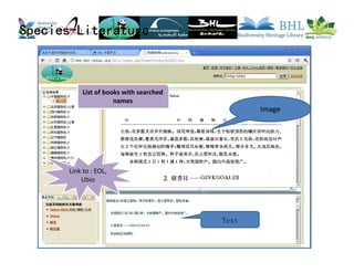 Link to : EOL,
Ubio
List of books with searched
names
Image
Text
SpeciesSpeciesSpeciesSpecies----LiteratureLiteratureLiteratureLiterature
 