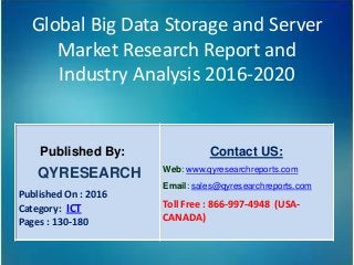 Global Big Data Storage and Server
Market Research Report and
Industry Analysis 2016-2020
Published By:
QYRESEARCH
Published On : 2016
Category: ICT
Pages : 130-180
Contact US:
Web: www.qyresearchreports.com
Email: sales@qyresearchreports.com
Toll Free : 866-997-4948 (USA-
CANADA)
 