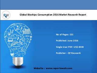 Global Biochips Consumption 2016 Market Research Report
Website : www.reportsweb.com
No of Pages: 151
Published: June 2016
Single User PDF: US$ 4000
Publisher : QY Research
 