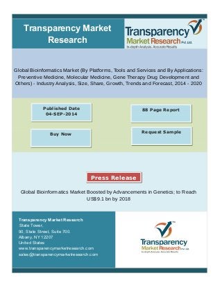 Transparency Market
Research
Global Bioinformatics Market (By Platforms, Tools and Services and By Applications:
Preventive Medicine, Molecular Medicine, Gene Therapy Drug Development and
Others) - Industry Analysis, Size, Share, Growth, Trends and Forecast, 2014 - 2020
Global Bioinformatics Market Boosted by Advancements in Genetics; to Reach
US$9.1 bn by 2018
Transparency Market Research
State Tower,
90, State Street, Suite 700.
Albany, NY 12207
United States
www.transparencymarketresearch.com
sales@transparencymarketresearch.com
88 Page ReportPublished Date
04-SEP-2014
Request Sample
Press Release
Buy Now
 
