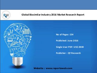 Global Biosimilar Industry 2016 Market Research Report
Website : www.reportsweb.com
No of Pages: 154
Published: June 2016
Single User PDF: US$ 2800
Publisher : QY Research
 