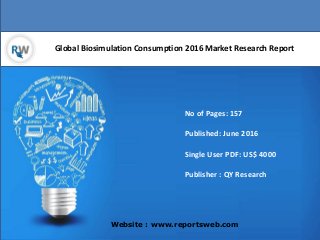 Global Biosimulation Consumption 2016 Market Research Report
Website : www.reportsweb.com
No of Pages: 157
Published: June 2016
Single User PDF: US$ 4000
Publisher : QY Research
 