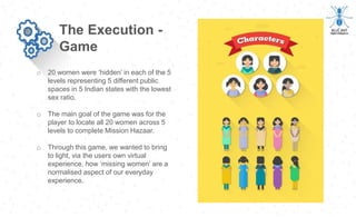 o 20 women were ‘hidden’ in each of the 5
levels representing 5 different public
spaces in 5 Indian states with the lowest
sex ratio.
o The main goal of the game was for the
player to locate all 20 women across 5
levels to complete Mission Hazaar.
o Through this game, we wanted to bring
to light, via the users own virtual
experience, how ‘missing women’ are a
normalised aspect of our everyday
experience.
The Execution -
Game
 