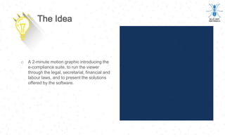 o A 2-minute motion graphic introducing the
e-compliance suite, to run the viewer
through the legal, secretarial, financial and
labour laws, and to present the solutions
offered by the software.
The Idea
 