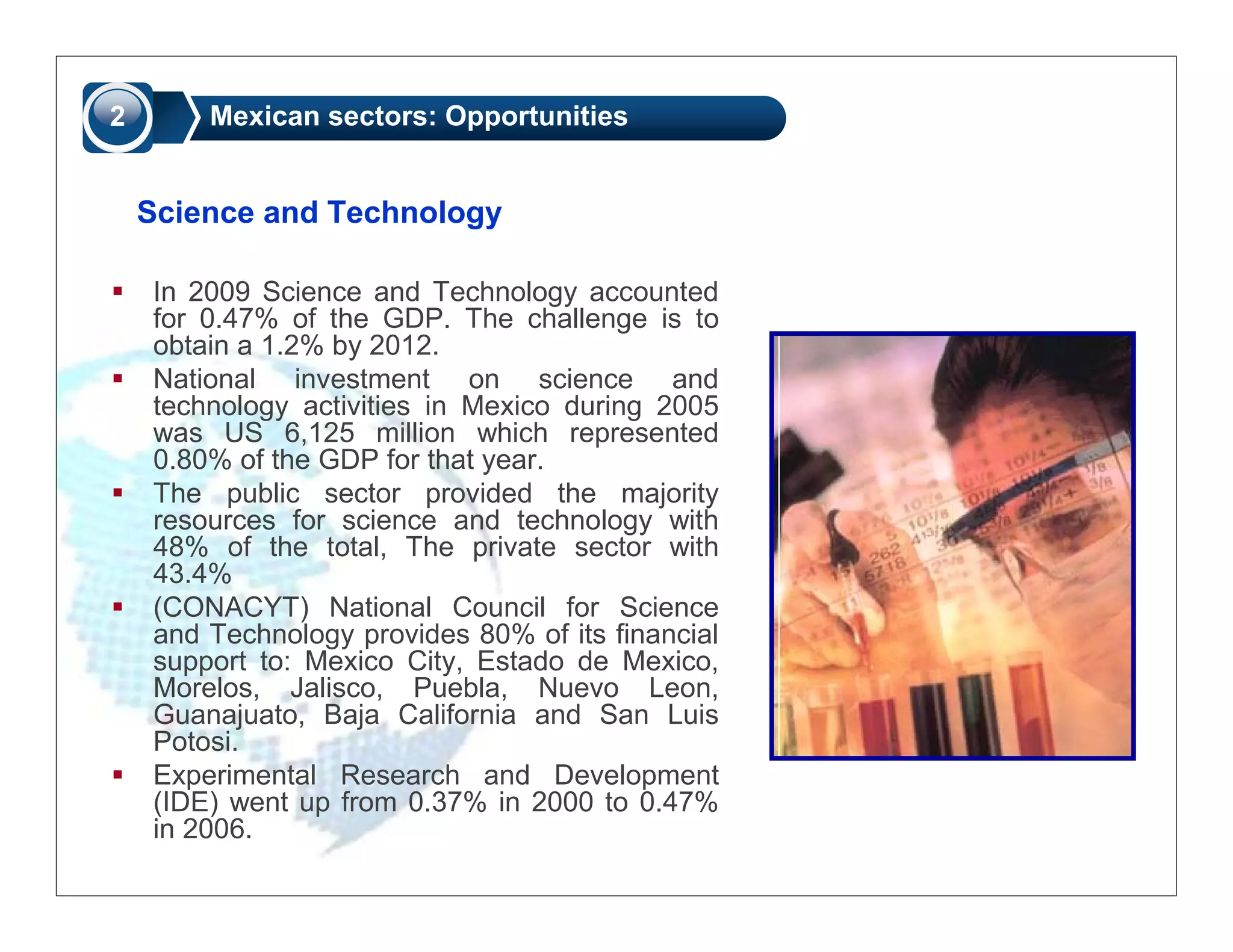 2       Mexican sectors: Opportunities


    Science and Technology

    In 2009 Science and Technology accounted
    for 0.47% of the GDP. The challenge is to
    obtain a 1.2% by 2012.
    National investment on science and
    technology activities in Mexico during 2005
    was US 6,125 million which represented
    0.80% of the GDP for that year.
    The public sector provided the majority
    resources for science and technology with
    48% of the total, The private sector with
    43.4%
    (CONACYT) National Council for Science
    and Technology provides 80% of its financial
    support to: Mexico City, Estado de Mexico,
    Morelos, Jalisco, Puebla, Nuevo Leon,
    Guanajuato, Baja California and San Luis
    Potosi.
    Experimental Research and Development
    (IDE) went up from 0.37% in 2000 to 0.47%
    in 2006.
 