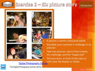 The Digital Photography School (2016)
©2016 L. SCHLENKER
• A picture is worth a thousand words
• Elucidate your customer’s challenge in six
pictures
• Take two pictures each of the context,
the challenge, and the “happy end”
• Tell your story in front of the class or
with tools like Replay or Stellar
Digital Photography School
Introduction
 
