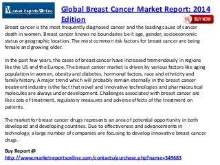 Buy Report @
http://www.marketreportsonline.com/contacts/purchase.php?name=349683
Global Breast Cancer Market Report: 2014
Edition
Breast cancer is the most frequently diagnosed cancer and the leading cause of cancer
death in women. Breast cancer knows no boundaries be it age, gender, socioeconomic
status or geographic location. The most common risk factors for breast cancer are being
female and growing older.
In the past few years, the cases of breast cancer have increased tremendously in regions
like the US and the Europe. The breast cancer market is driven by various factors like aging
population in women, obesity and diabetes, hormonal factors, race and ethnicity and
family history. A major trend which will probably remain eternally in the breast cancer
treatment industry is the fact that novel and innovative technologies and pharmaceutical
molecules are always under development. Challenges associated with breast cancer are
like costs of treatment, regulatory measures and adverse effects of the treatment on
patients.
The market for breast cancer drugs represents an area of potential opportunity in both
developed and developing countries. Due to effectiveness and advancements in
technology, a large number of companies are focusing to develop innovative breast cancer
drugs.
 