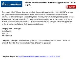 Global Bromine Market: Trends & Opportunities (20132018)
The report titled "Global Bromine Market: Trends & Opportunities (2012-2017)" analyzes
the global bromine market with in-depth discussion on the refinery production of
bromine in different region across the globe. The key market challenges recognized by the
analysts and the major trends of bromine market are presented in the report. The report
also includes the competitive landscape of the industry and analyzes the leading players
of the bromine market and their business strategies.
Geographical Coverage:
•Asia-Pacific
•Europe
•Middle East

Company Coverage: Albemarle Corporation, Chemtura Corporation, Israel Chemicals
Limited, BASF SE, Tata Chemicals Limited & Tosoh Corporation

Complete Report @ http://www.marketreportsonline.com/295919.html

 