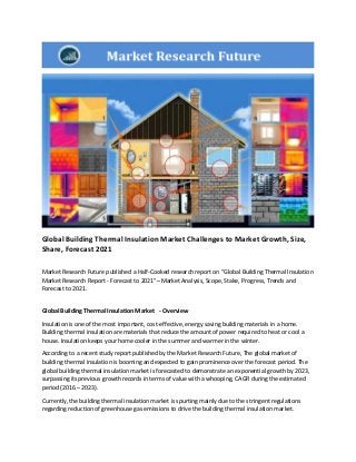 Global Building Thermal Insulation Market Challenges to Market Growth, Size,
Share, Forecast 2021
Market Research Future published a Half-Cooked research report on “Global Building Thermal Insulation
Market Research Report - Forecast to 2021”– Market Analysis, Scope, Stake, Progress, Trends and
Forecast to 2021.
Global Building Thermal Insulation Market - Overview
Insulation is one of the most important, cost-effective, energy saving building materials in a home.
Building thermal insulation are materials that reduce the amount of power required to heat or cool a
house. Insulation keeps your home cooler in the summer and warmer in the winter.
According to a recent study report published by the Market Research Future, The global market of
building thermal insulation is booming and expected to gain prominence over the forecast period. The
global building thermal insulation market is forecasted to demonstrate an exponential growth by 2023,
surpassing its previous growth records in terms of value with a whooping, CAGR during the estimated
period (2016 – 2023).
Currently, the building thermal insulation market is spurting mainly due to the stringent regulations
regarding reduction of greenhouse gas emissions to drive the building thermal insulation market.
 