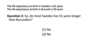 The life expectancy at birth in Sweden is 81 years
The life expectancy at birth in Burundi is 50 years
Question 2: So, do ...