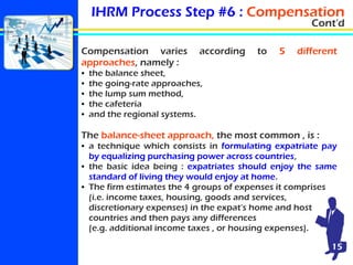 IHRM Process Step #6 : Compensation

Cont'd

Compensation varies
approaches, namely :
●
●
●
●
●

according

to

5

differe...