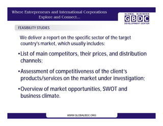 FEASIBILITY STUDIES

We deliver a report on the specific sector of the target
country's market, which usually includes:

•List of main competitors, their prices, and distribution
 channels;
•Assessment of competitiveness of the client’s
 products/services on the market under investigation;
•Overview of market opportunities, SWOT and
 business climate.
 