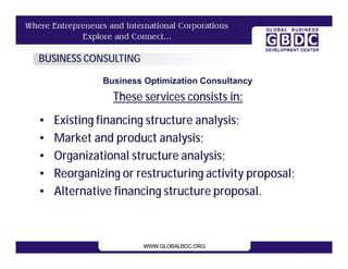 BUSINESS CONSULTING

             Business Optimization Consultancy
               These services consists in:
•   Existing financing structure analysis;
•   Market and product analysis;
•   Organizational structure analysis;
•   Reorganizing or restructuring activity proposal;
•   Alternative financing structure proposal.
 