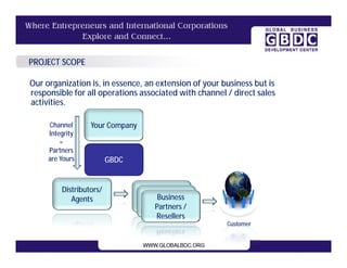 PROJECT SCOPE

Our organization is, in essence, an extension of your business but is
responsible for all operations associated with channel / direct sales
activities.

     Channel      Your Company
     Integrity
         =
     Partners
     are Yours           GBDC


         Distributors/
            Agents                  Business
                                   Partners /
                                   Resellers
                                                       Customer
 