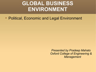 GLOBAL BUSINESS ENVIRONMENT ,[object Object],Presented by Pradeep Mahato Oxford College of Engineering & Management 
