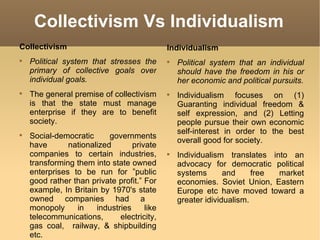 Collectivism Vs Individualism Collectivism Political system that stresses the primary of collective goals over individual goals. The general premise of collectivism is that the state must manage enterprise if they are to benefit society. Social-democratic governments have nationalized private companies to certain industries, transforming them into state owned enterprises to be run for ”public good rather than private profit.” For example, In Britain by 1970's state owned companies had a  monopoly in industries like telecommunications, electricity, gas coal,  railway, & shipbuilding etc. Individualism Political system that an individual should have the freedom in his or her economic and political pursuits. Individualism focuses on (1) Guaranting individual freedom & self expression, and (2) Letting people pursue their own economic self-interest in order to the best overall good for society. Individualism translates into an advocacy for democratic political systems and free market economies. Soviet Union, Eastern Europe etc have moved toward a greater idividualism. 